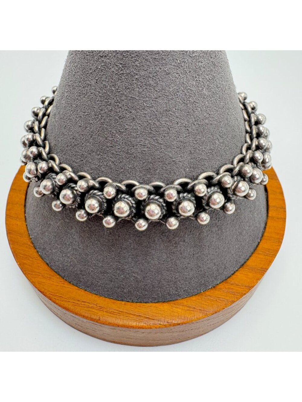 Heavy Bali Beaded Mesh Link Bracelet Hook Clasp 925 Sterling Silver 8" L